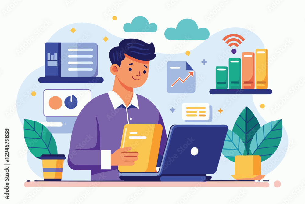 Poster a man is engaged in uploading data using his laptop while surrounded by various charts and plants, m