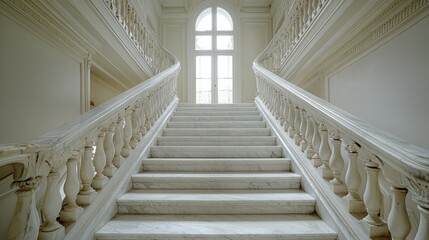 Elegant marble staircase in grand hall, sunlight streams through window