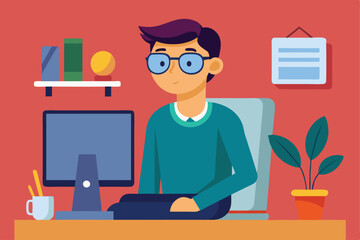 A man wearing glasses is focused on his computer while sitting in a colorful, contemporary office, Man with glasses sits next to computer,