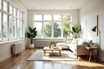 Fototapeta premium Sunlit Modern Living Room Interior Design Featuring a Comfortable Sectional Sofa and Large Windows