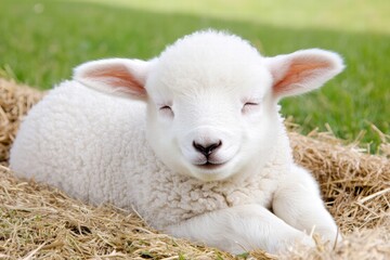 Fototapeta premium Cute lamb resting on straw in a sunny green field during springtime while enjoying a peaceful moment