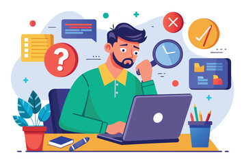 A man is focused on analyzing errors on his laptop while seated at his desk in a home office, man with laptop analyzing errors on laptop