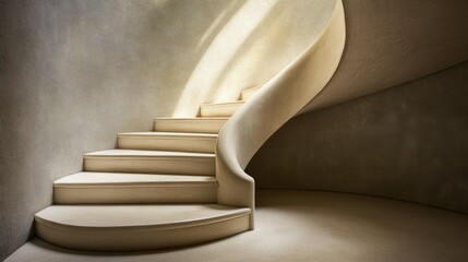 Naklejka premium A minimalist staircase ascends in soft, natural light, creating an elegant flow of architectural curves and shadows.