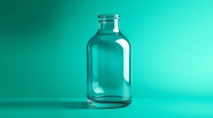 Empty Glass Bottle: Clear Container, Teal Background, Studio Still Life.

