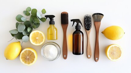 eco-friendly cleaning setup, a clean, modern kitchen counter with natural cleaning supplies like glass bottles, brushes, and baking soda, alongside lemons and eucalyptus