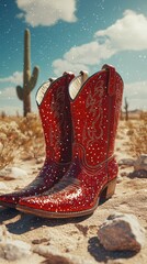 Bright red cowboy boots embellished with sequins standing in a desert landscape under a sunny sky with cacti in the background