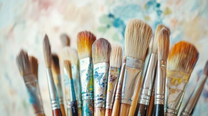 Fototapeta premium Colorful paintbrushes, art studio, paint splatter background, creative process