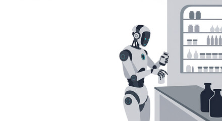 A robot pharmacist carefully handling medication, showcasing the integration of automation in healthcare settings. Ideal for themes related to technology, healthcare, and innovation.