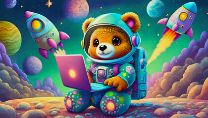 oil painting style cartoon character illustration baby bear Astronaut with laptop in space and rockets