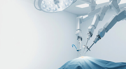 A robotic surgical system in a modern operating room, showcasing advanced technology for precise and minimally invasive procedures. Ideal for themes related to healthcare, medical innovation, and tech