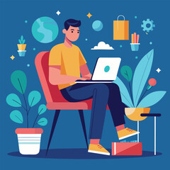 a boy is using his laptop vector	