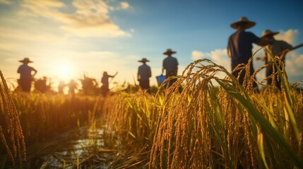 Farmers Cultivating Rice in Golden Fields at Sunset with Silhouettes