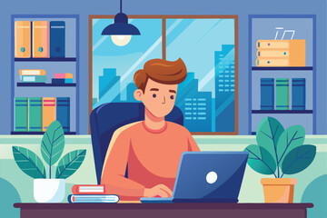 A man is working intently on his laptop in a well-organized office space filled with books and plants, Man working on laptop in office