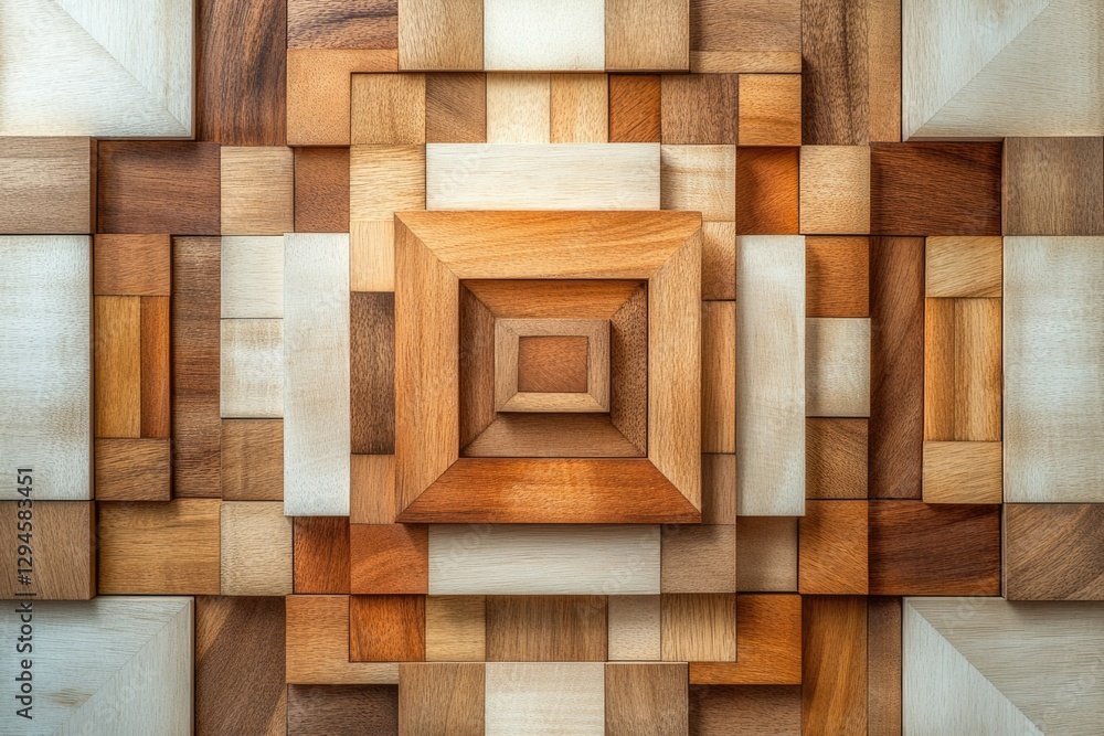 Poster geometric pattern of nested wooden squares in various shades of brown and beige.