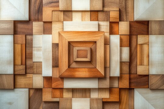 Geometric pattern of nested wooden squares in various shades of brown and beige.