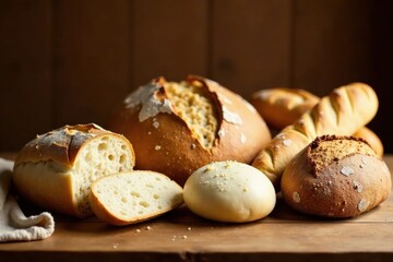 A delectable assortment of freshly baked artisan breads, including a rustic sourdough loaf, crusty baguettes, and a soft, round bun, displayed on a wooden table.