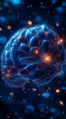 Abstract network brain with glowing connections. Illustrates artificial intelligence, neural networks, or advanced technology concepts.