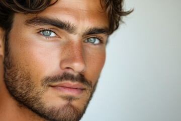 Fototapeta premium Close-up portrait of a handsome man with captivating blue eyes and a subtle stubble.