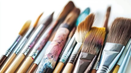 Fototapeta premium Colorful paintbrushes on white background; art supplies; creative hobby