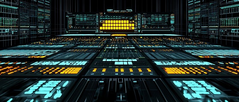 Futuristic data center visualization with complex network infrastructure