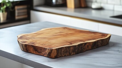 Fototapeta premium A wooden cutting board sits on a kitchen counter.