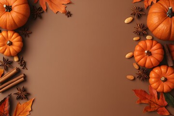Fototapeta premium Autumnal Harvest, Pumpkins, Spices, and Fall Leaves on Brown Background