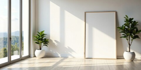 Fototapeta premium Sunlight illuminates a minimalist interior featuring a large blank canvas, flanked by potted plants, creating a serene and inviting atmosphere in a bright room with a view.