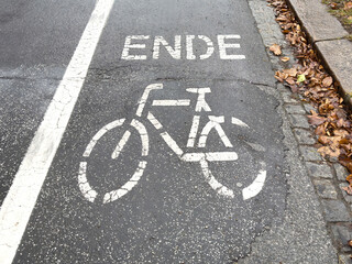 Bicycle lane end marking on wet urban asphalt with fallen leaves