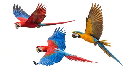 Fototapeta premium Triple Macaw Flight Composition Scarlet, Blue-Gold, Wings Spread, Birds in Motion, White Background, Avian, Parrot Macaw