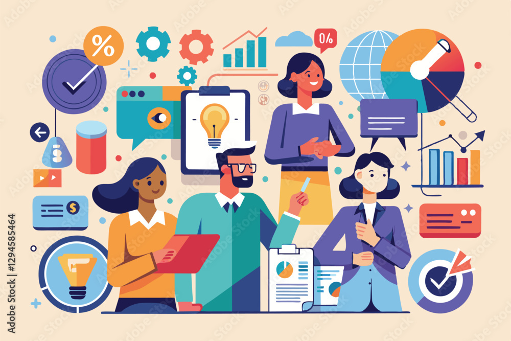 Poster a diverse team collaborates on innovative marketing strategies using various digital tools and data 