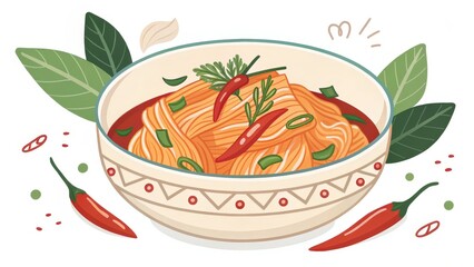 Spicy Noodles in Bowl Illustration, Flat Lay, Asian Cuisine, Food Illustration Spicy Noodles, Asian Food