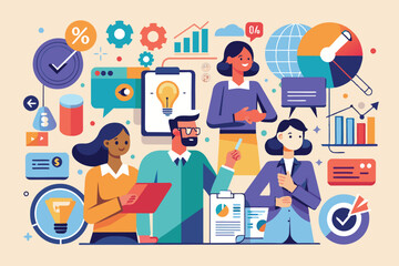 A diverse team collaborates on innovative marketing strategies using various digital tools and data visualizations, Marketing consulting Customizable Disproportionate Illustration