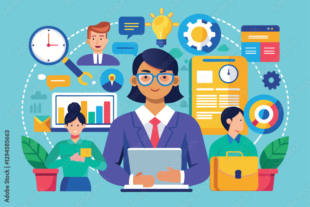 Poster a diverse marketing consulting team collaborates on strategy development using modern tools and tech