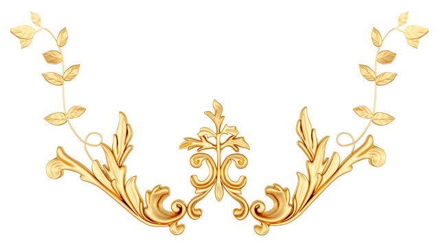 Gold ornament on white background, cut out, 3D render
