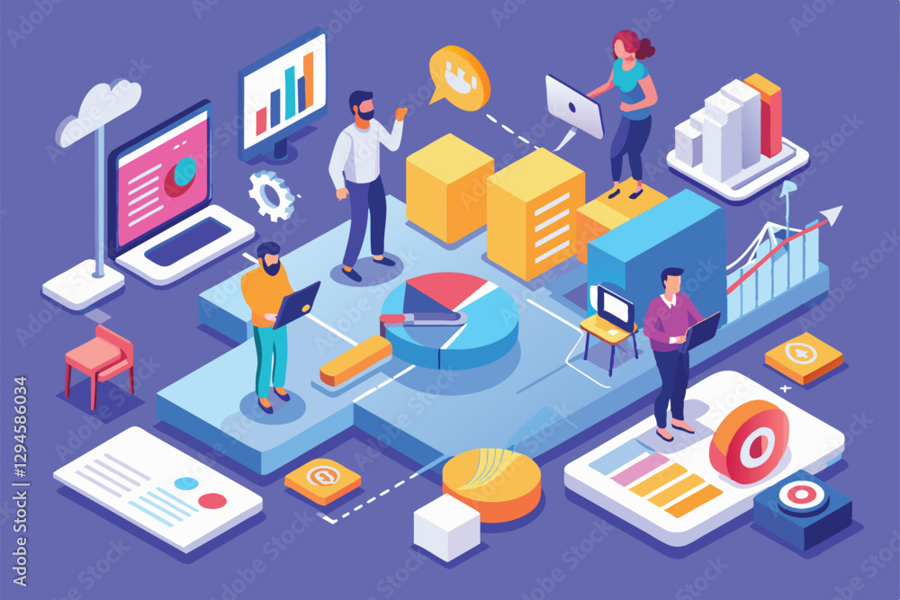 Poster professionals engage in marketing consulting tasks using devices and data visualization in a collabo