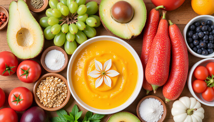 Vibrant fresh fruits and vegetables arranged beautifully, healthy nutrition