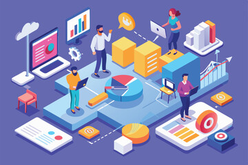 Fototapeta premium Professionals engage in marketing consulting tasks using devices and data visualization in a collaborative workspace, Marketing consulting Customizable Isometric Illustration