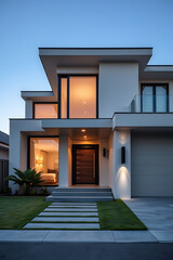 Modern Architectural House Design:Luxury Home Exterior at Dusk