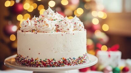 Festive Creamy Cake with Colorful Sprinkles and Holiday Decor
