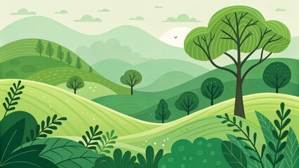 Obraz premium Green Hills Landscape Stylized Illustration, Nature Scene, Rolling Hills, Green Trees Nature Illustration, Green Landscape