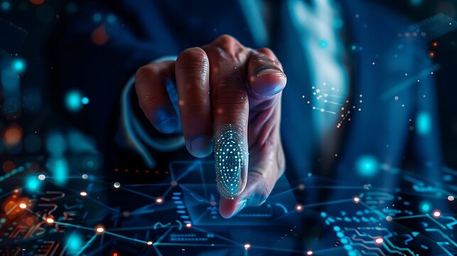 A business executive using AI-driven biometric authentication to access classified corporate data.