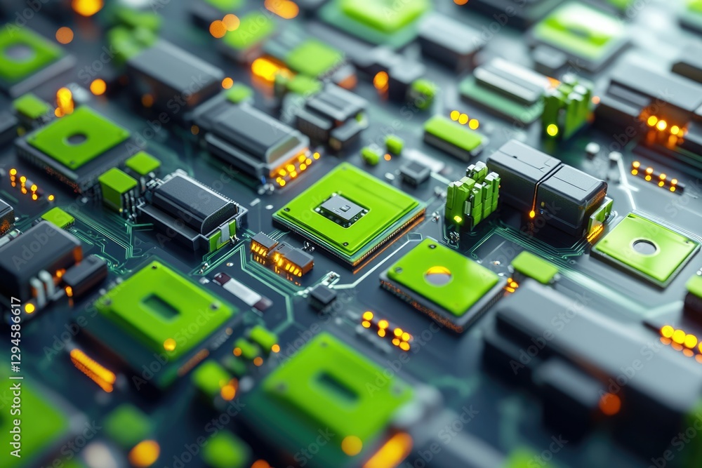 Poster close-up view of a complex circuit board with green and black components, showcasing intricate techn