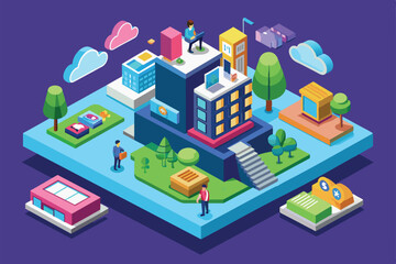 This vibrant isometric artwork features a colorful urban setting with people engaging in various activities, Marketing Customizable Isometric Illustration