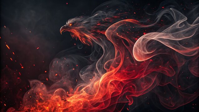 Fiery Eagle in Smoke Abstract Digital Art, Red and White Swirls, Dark Background, Fantasy Concept, eagle, fire Digital art, abstract