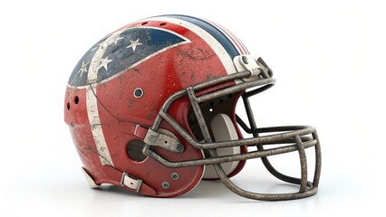 Fototapeta premium Distressed American Football Helmet with Confederate Flag Design, 3D Render, Side View, Vintage Sport, American Civil War American Football, Confederate Flag