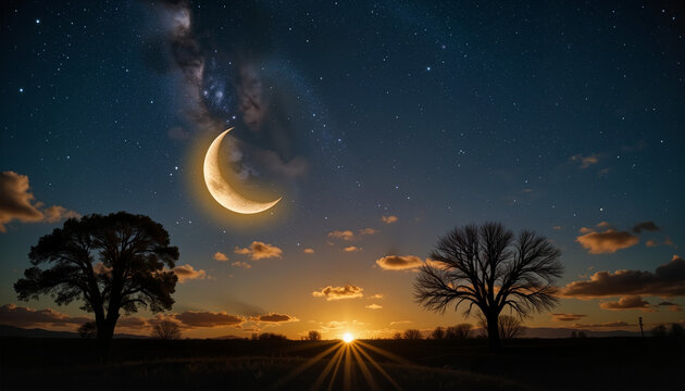 Golden crescent moon illuminating tranquil landscape at night, serenity