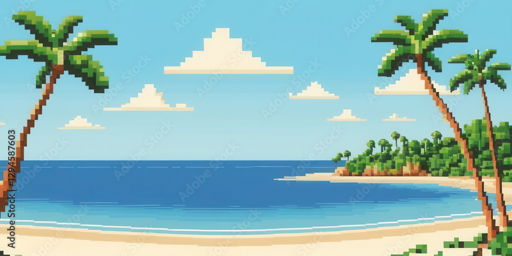 Poster pixel art arcade game level background with exotic beach, seashore with palm trees and blue sky. 8bi