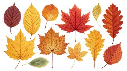 Autumn Leaf Collection Diverse Shapes and Colors, Close-up, White Background, Fall Foliage Fall leaves, autumn colors