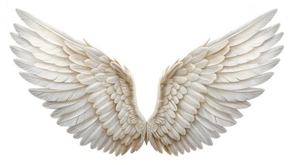Fototapeta premium Angelic Wings Symmetrical Composition, Off-White Feathers, Heavenly Concept, Angel Wings, Bird Wings Angel Wings, Feathers