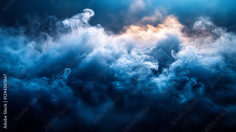 Poster in a tranquil moment, delicate clouds of blue and gray intertwine, revealing hints of golden light. 